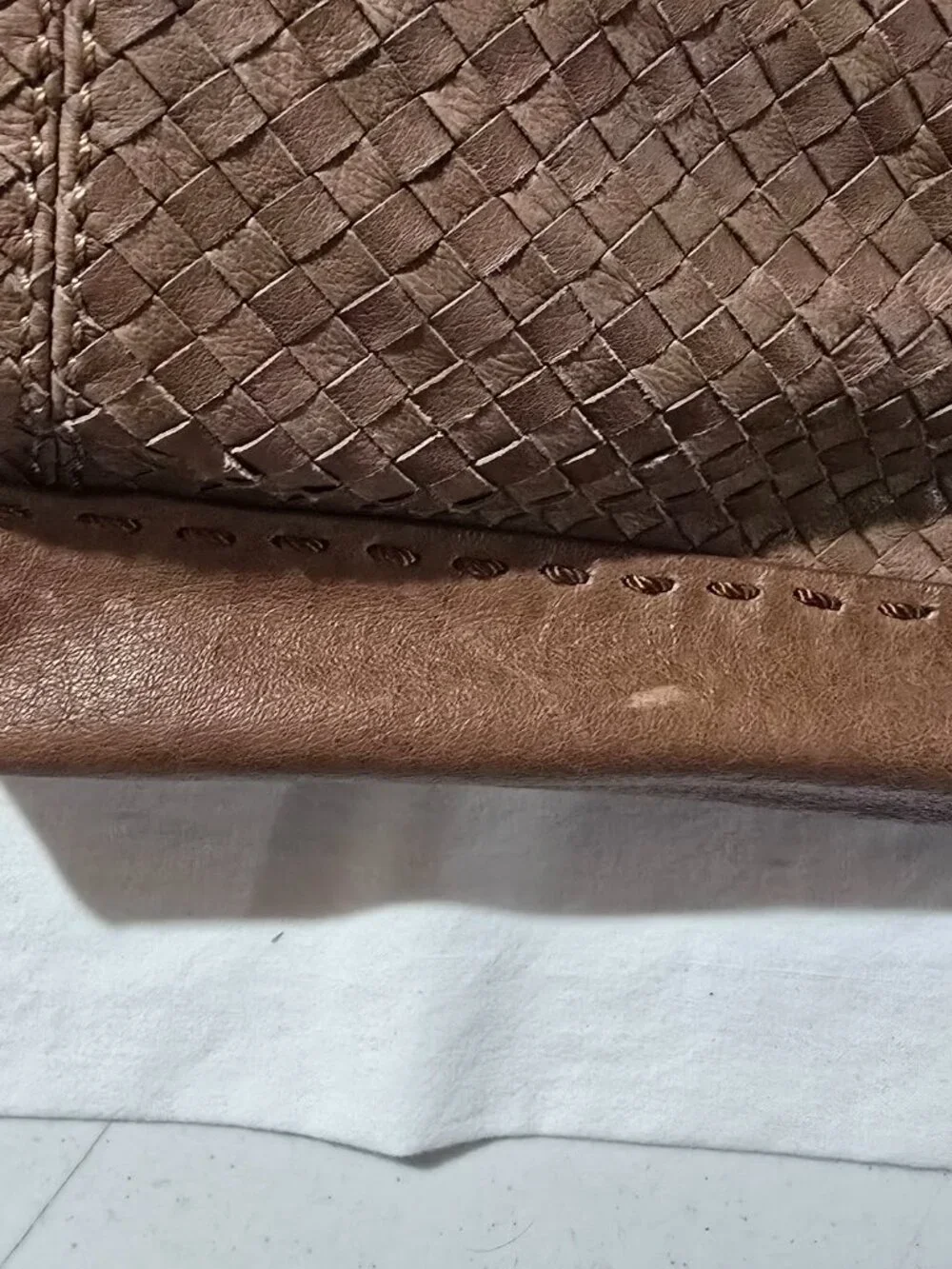 The Sak Brown Woven Leather Tote Shoulder Bag Tiger Eye Bead Charm
